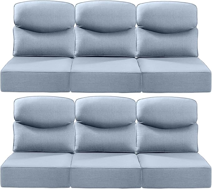 ACTREST Luxury 24x24x6 Inch Smile Patio Cushions for Outdoor Furniture Set of 6 - Thick Back & Deep Seat Outside Replacement Chair Pillows for Rattan Glider Loveseat Sectional Sofa - Baby Blue