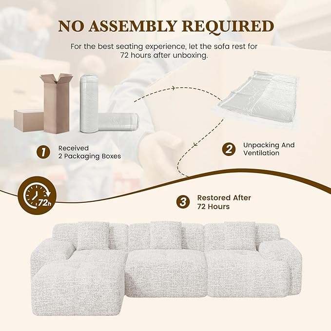 122" L Shaped Convertible Modular Couch, Cloud Couch Sectional with Ottoman, 4-Seater Chenille Boneless Couches for Living Room, Apartment, No Assembly, Beige 1PCS