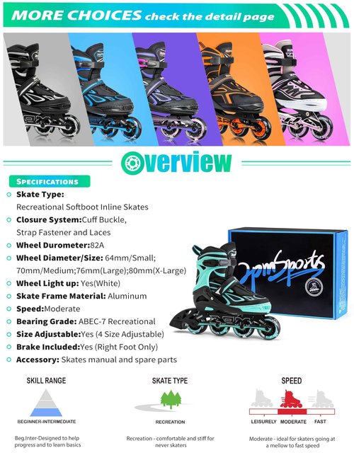 2PM SPORTS Vinal Girls Adjustable Flashing Inline Skates, All Wheels Light Up, Fun Illuminating Skates for Kids Women and Men - Mint Medium