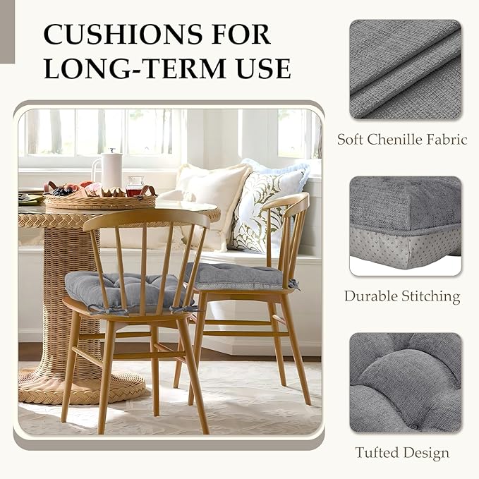 HARBOREST Chair Cushions for Dining Chairs Set of 6 - Chenille Tufted Kitchen Chair Cushions with Ties and Non-Slip Bottom, Foam Chair Pads for Dining Chairs, 17" x 17", Light Grey