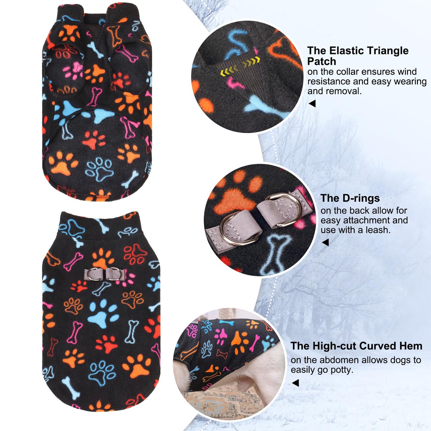 BEAUTYZOO Small Dog Sweater Fleece Vest Winter Jacket, D-Ring Leash Attachment for XS S Puppy Medium Sized Breeds Dogs, Cold Weather Dog Clothes Windproof Keep Warm, Bones Paw Pattern S