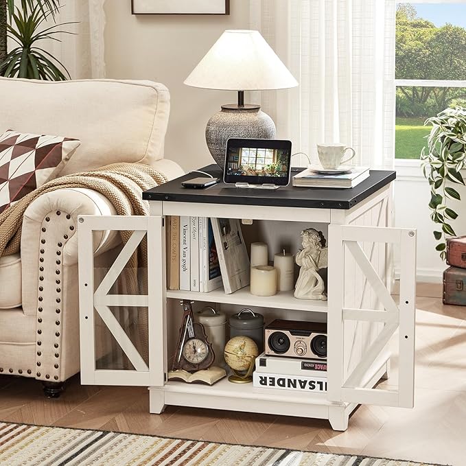 Joaxswe Farmhouse End Table with Charging Station, 24" Large Sofa Side Table with Glass Barn Door,White Nightstand with Adjustable Storage Shelf,Wood Square Bedside Table for Living Room,Bedroom