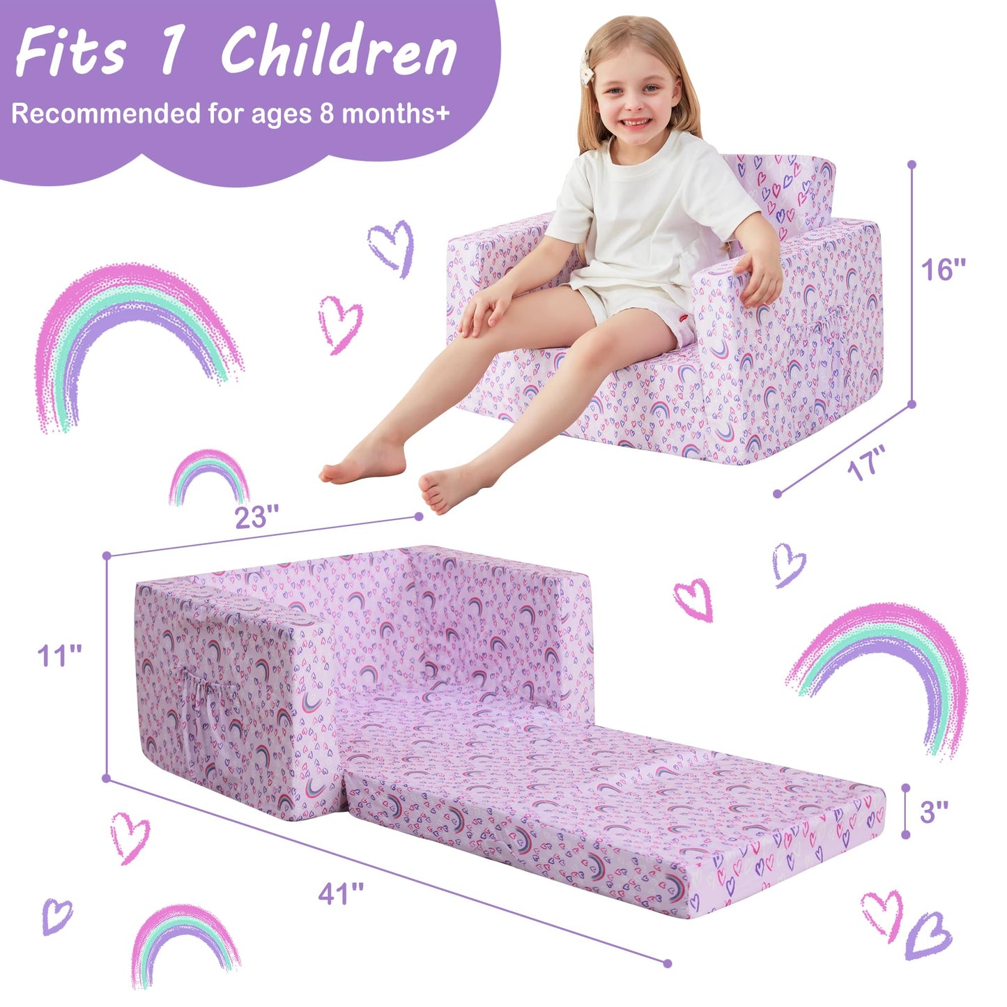 lasoftan Kids Sofa for Toddler, 2-in-1 Toddler Couch Fold Out, Convertible Sofa to Lounger Bed for Girls and Boys, with Removable Cover & Double Pockets - Purple Rainbow