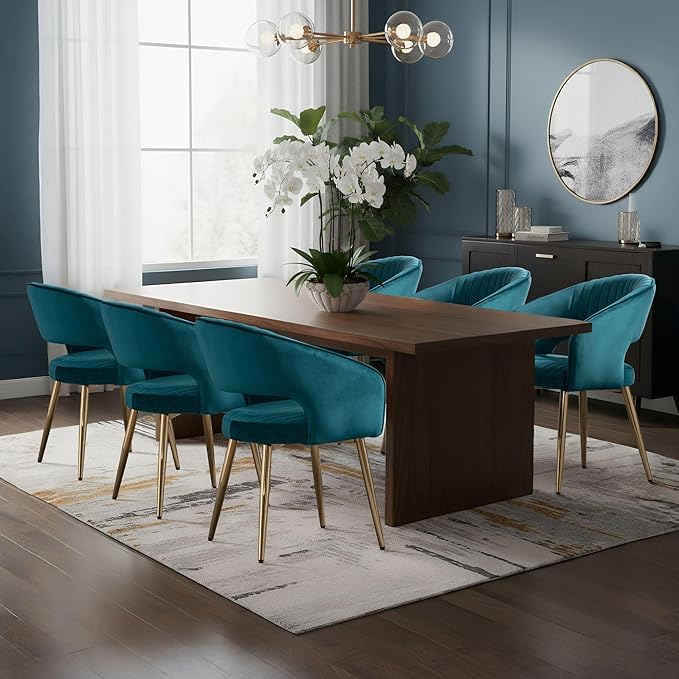 COMULER Teal Velvet Dining Chairs Gold Legs, Modern Dining Room Chairs with Arms Set of 6 Upholstered Accent Chair Armchair with Barrel Back for Kitchen Living Room