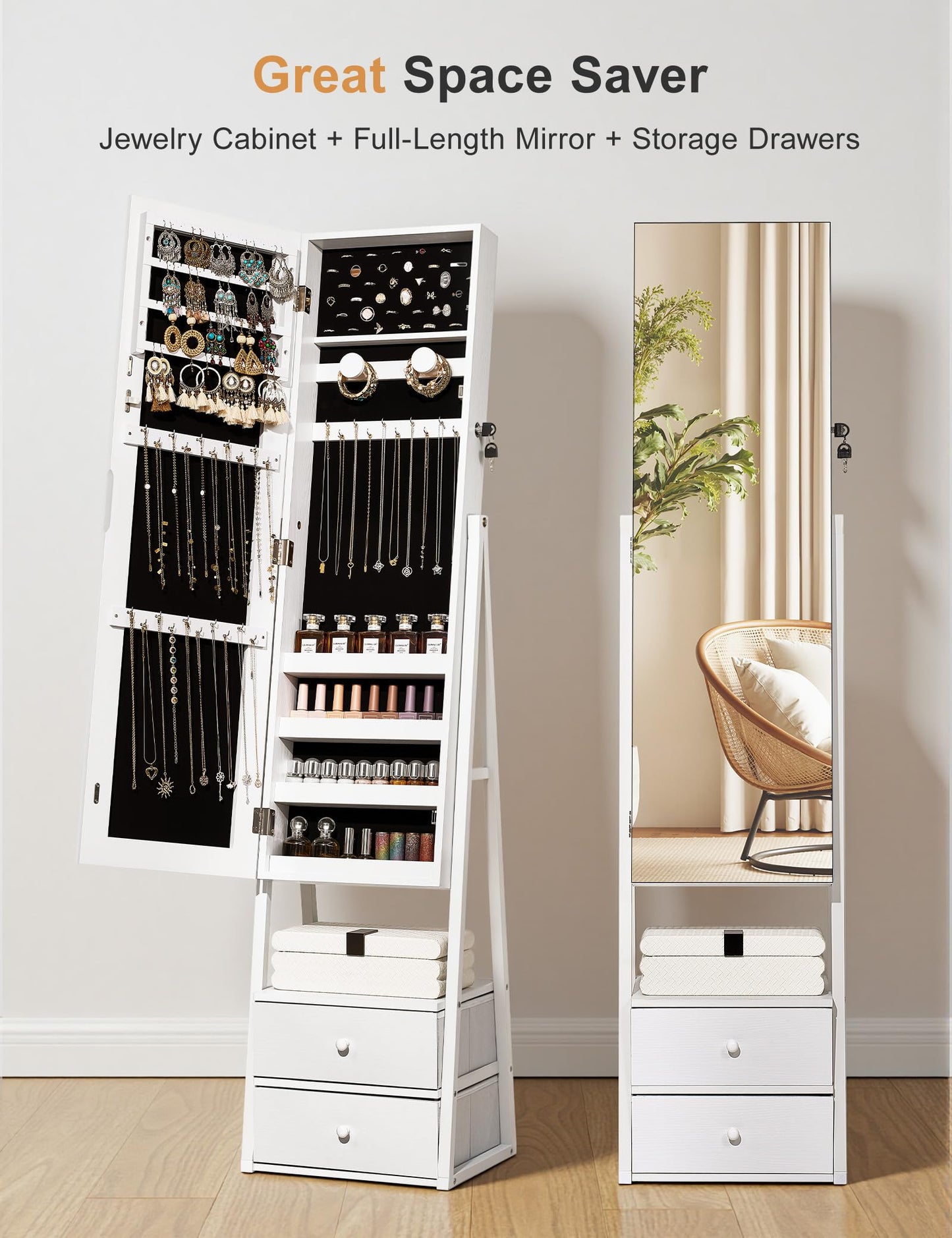 Nicetree Jewelry Cabinet, Standing Jewelry Mirror with Storage, Mirror Jewelry Armoire with 2 Drawers, Lock, Shelf, Polishing Cloth, Grain White