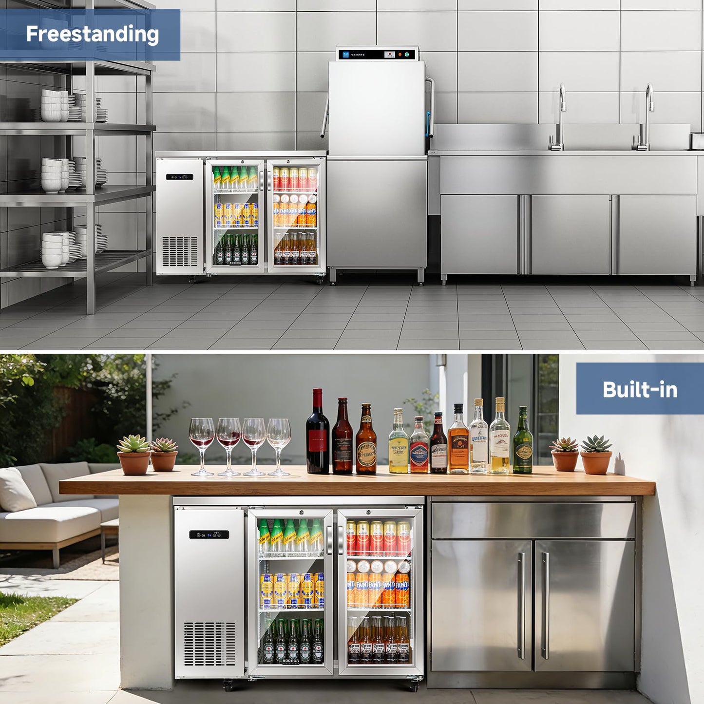 BODEGACOOLER Commercial Cooler with 2 Glass Doors, 12 Cu.Ft Stainless Steel Counter Height Back Bar Refrigerator, Beverage Display Fridge for Soda, LED Lighting, SUS304