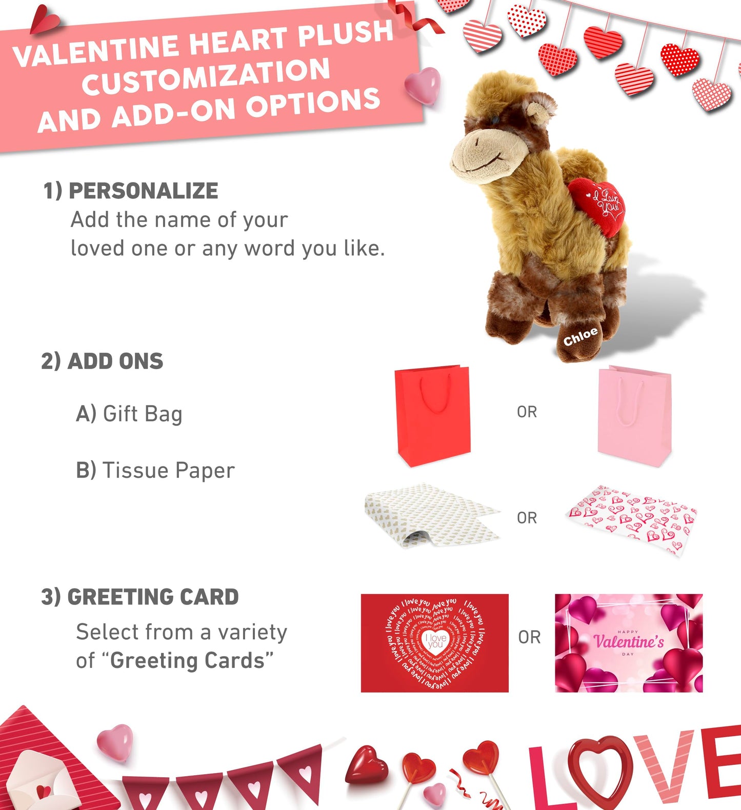 DolliBu I Love You Valentine Plush Camel - Cute Stuffed Animal with Red Heart and Name Personalization Gift for Valentines Day, Birthday, Anniversary, Romantic Date - 10 Inches
