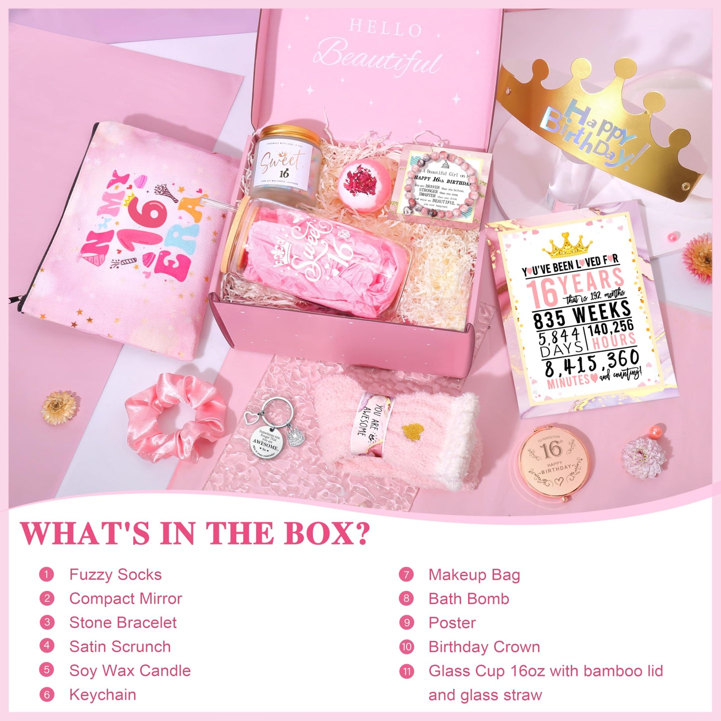 Jumway Birthday Gift Box for 16 Girls - Luxury Pink Teen Milestone Kit with 'Sweet 16' Cup, Rose Gold Mirror, Spa Set - Perfect 16th Birthday Present for Daughter, Sister, Friends