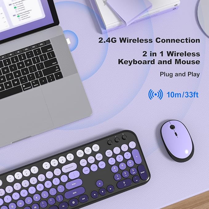 Wireless Keyboard Mouse Combo, Typewriter Full Size Keyboard and 2 in 1 USB Connected Mouse for Windows 7/8/10, Laptop, Desktop, PC, Computer (Black Purple)