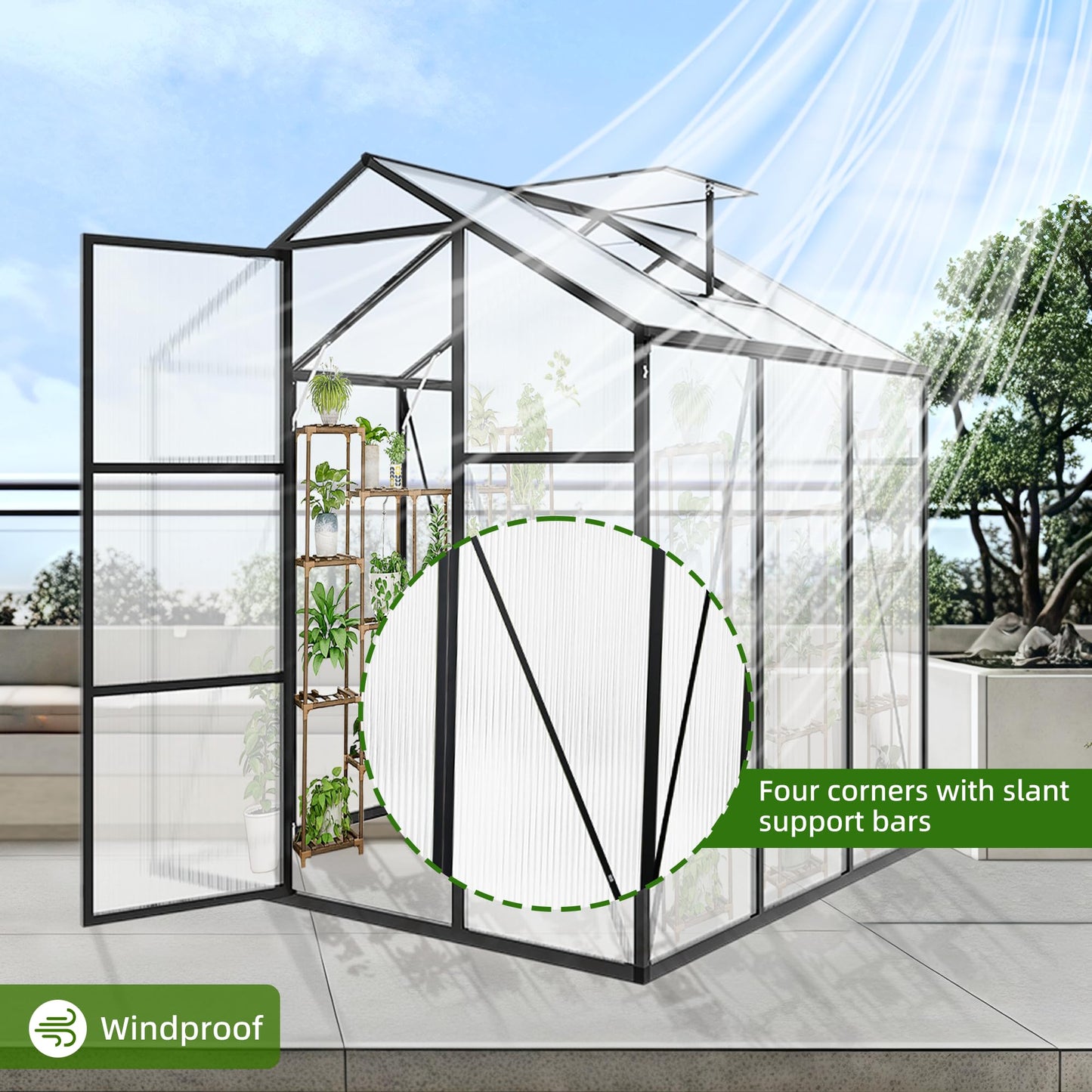 6x14FT Walk-in Polycarbonate Greenhouse Kit, Aluminum Frame Garden Greenhouse with Vent Windows & Rain Gutter, UV Resistant Plant Nursery House for Backyard Patio Plant Growing Shelter Large