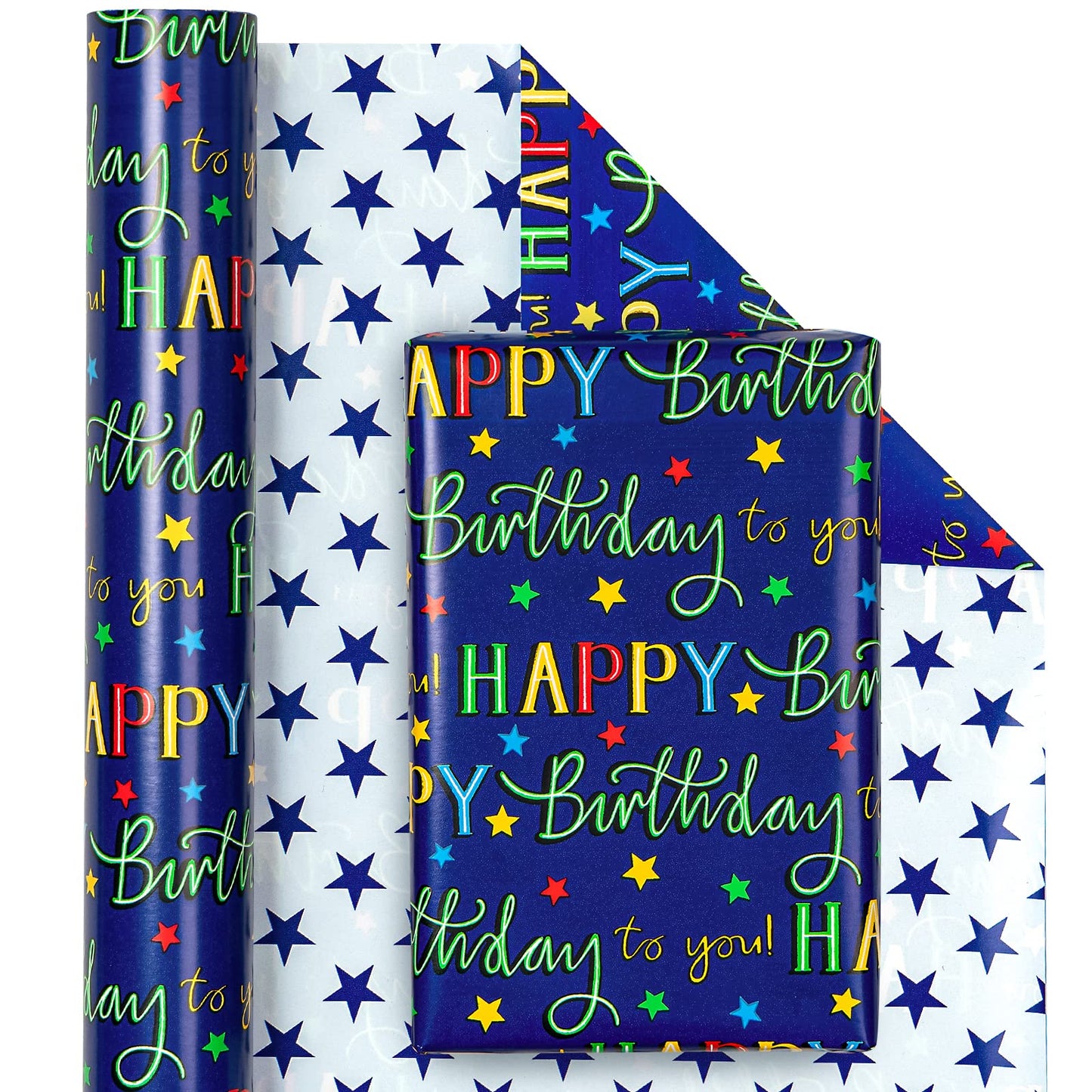 WRAPAHOLIC Jumbo Reversible Birthday Wrapping Paper - 30 Inch x 33 Feet - Colorful Happy Birthday Lettering and Stars Design for Birthday Party, Baby Shower, Holiday