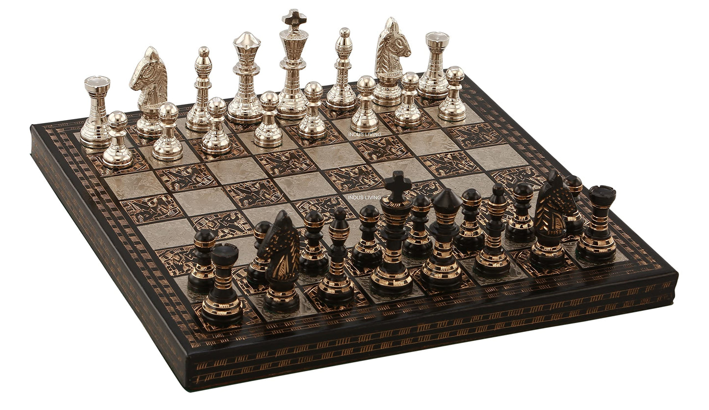 Luxury & Decorative Premium Chess Board Game Set | 10 x 10 Inches | Black & Silver | Collectible & Handmade Chess Set for Professionals & Adult for Tournament/for Gifting by INDUS LIVING