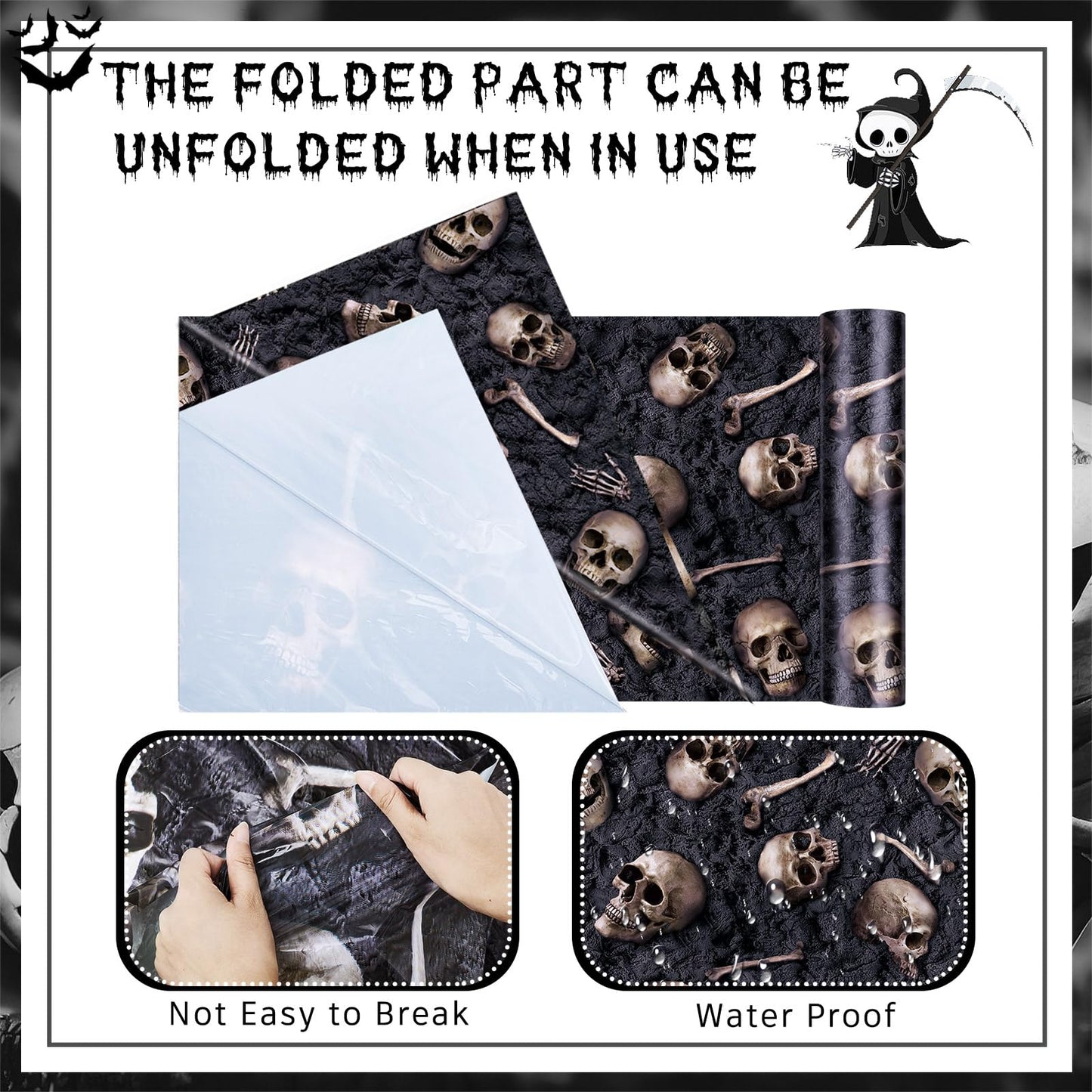 Preboun 100 ft x 54 Inches Halloween Skeleton Tablecloth Skull Wallpaper Halloween Scene Setters Room Skeleton Theme Plastic Waterproof Catacombs Skull Backdrop for Party Decoration Supplies