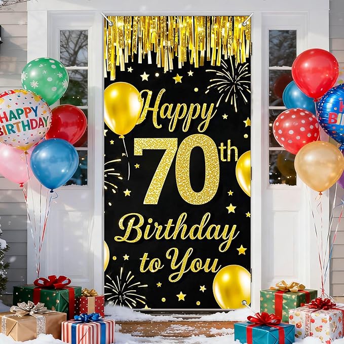 IVN 70th Birthday Door Cover 71x35 Inch Black Gold Birthday Banner for Party Decorations Balloons Stars Fireworks Backdrop...
