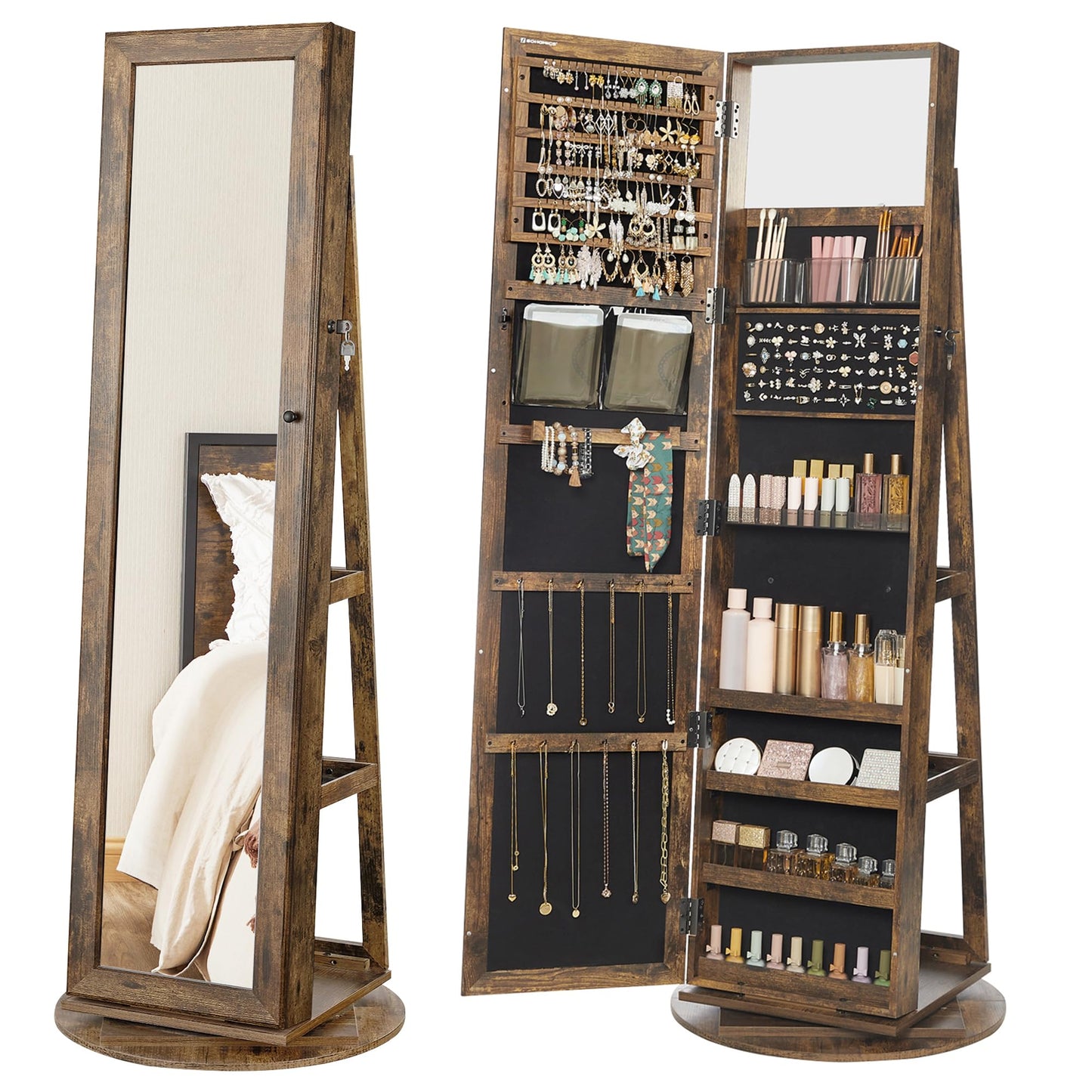 SONGMICS 360° Swivel Jewelry Cabinet, Lockable Jewelry Organizer with Full-Length Mirror, Rear Storage Shelves, Interior Mirror, Jewelry Armoire, Gift Idea, Rustic Brown UJJC006X01