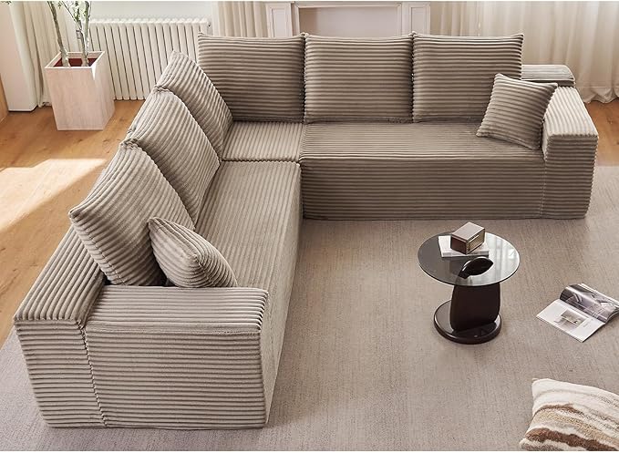 Sectional Cloud Couch for Living Room, Modular Floor Deep-Seat Sofa, Big Comfy Corduroy Couches Set with Fluffy Memory Foam, Stupendous L Shaped Sofas with Chaise, No Assembly Required, Camel