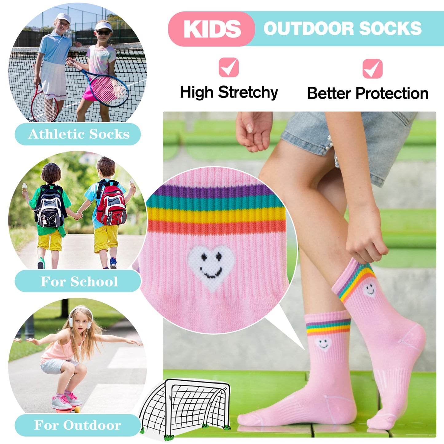 Sandsuced Kids Girls Socks Athletic Sport Basketball Youth Cotton Crew Soft Colorful Heart Gift Outdoor Socks 6 Pairs Stocking Stuffers(Colorful Stripes Face,9-15 Years)