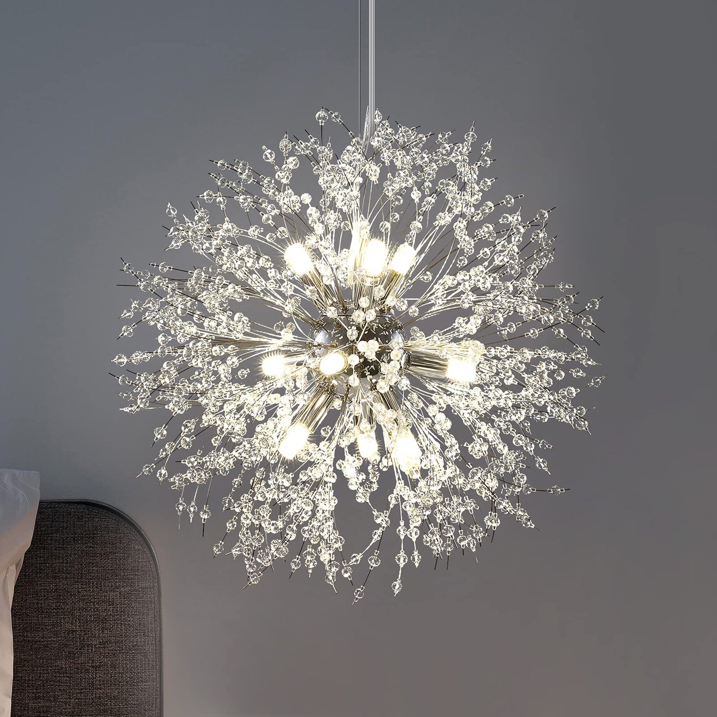 Lingkai 19.9" Chrome Modern Crystal Chandeliers Firework, Bubble Chandelier Lighting for Bathroom Dining Room Bedroom Kitchen Island Living Room Light Fixture, 9-Light Chrome Hanging Round Chandalier
