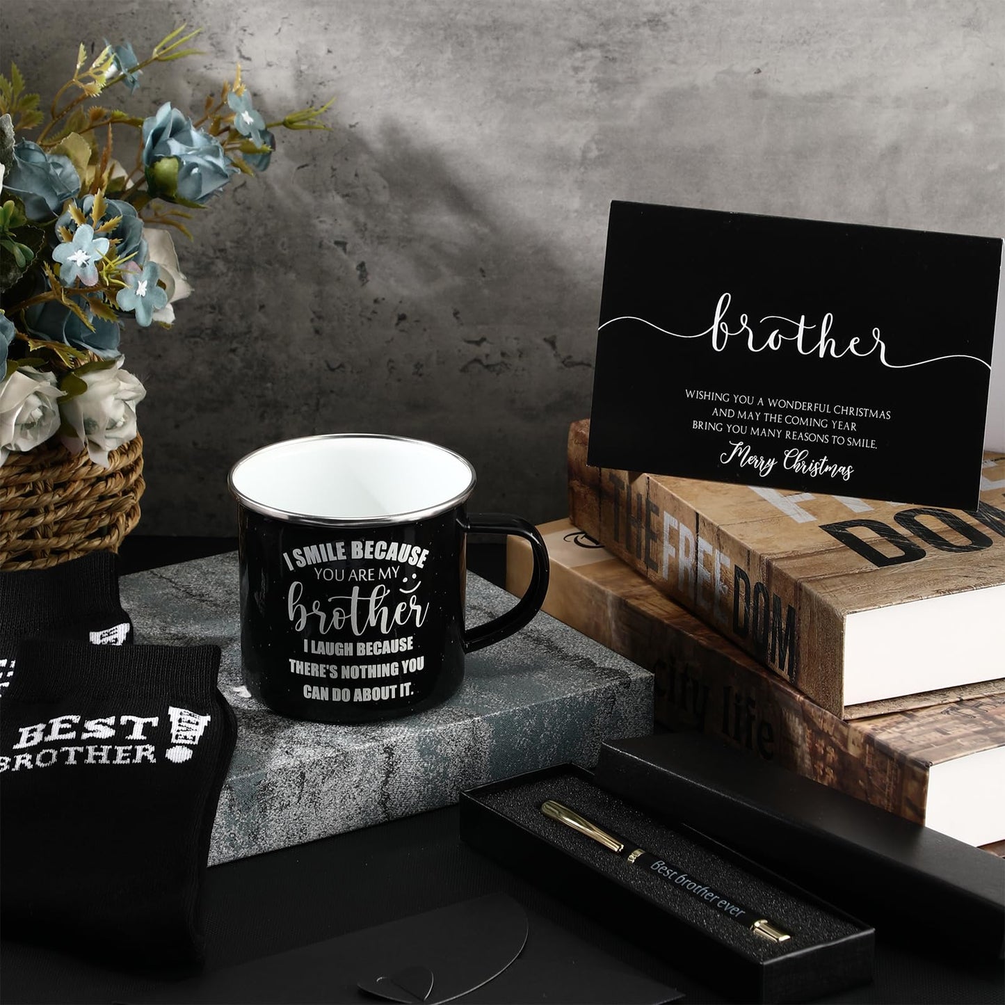 ReliThick 6 Pcs Brother Gifts from Sister Included I Smile Because You're My Brother 12 oz Enamel Mug Socks Ballpoint Pen with Pen Box Greeting Card Birthday Thanksgiving Friends Gifts