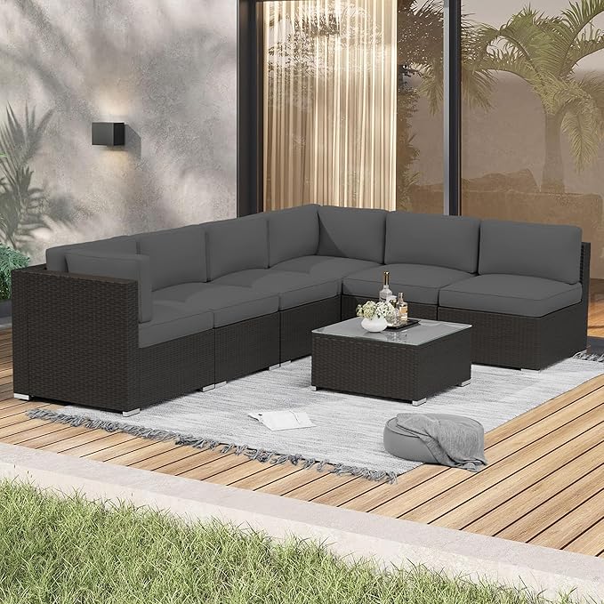 Crownland 7-Piece Outdoor Patio Furniture Sets, All-Weather Black Wicker Rattan Sectional Sofa, Modern Glass Coffee Table and Washable Seat Cushion with YKK Zipper (Grey)