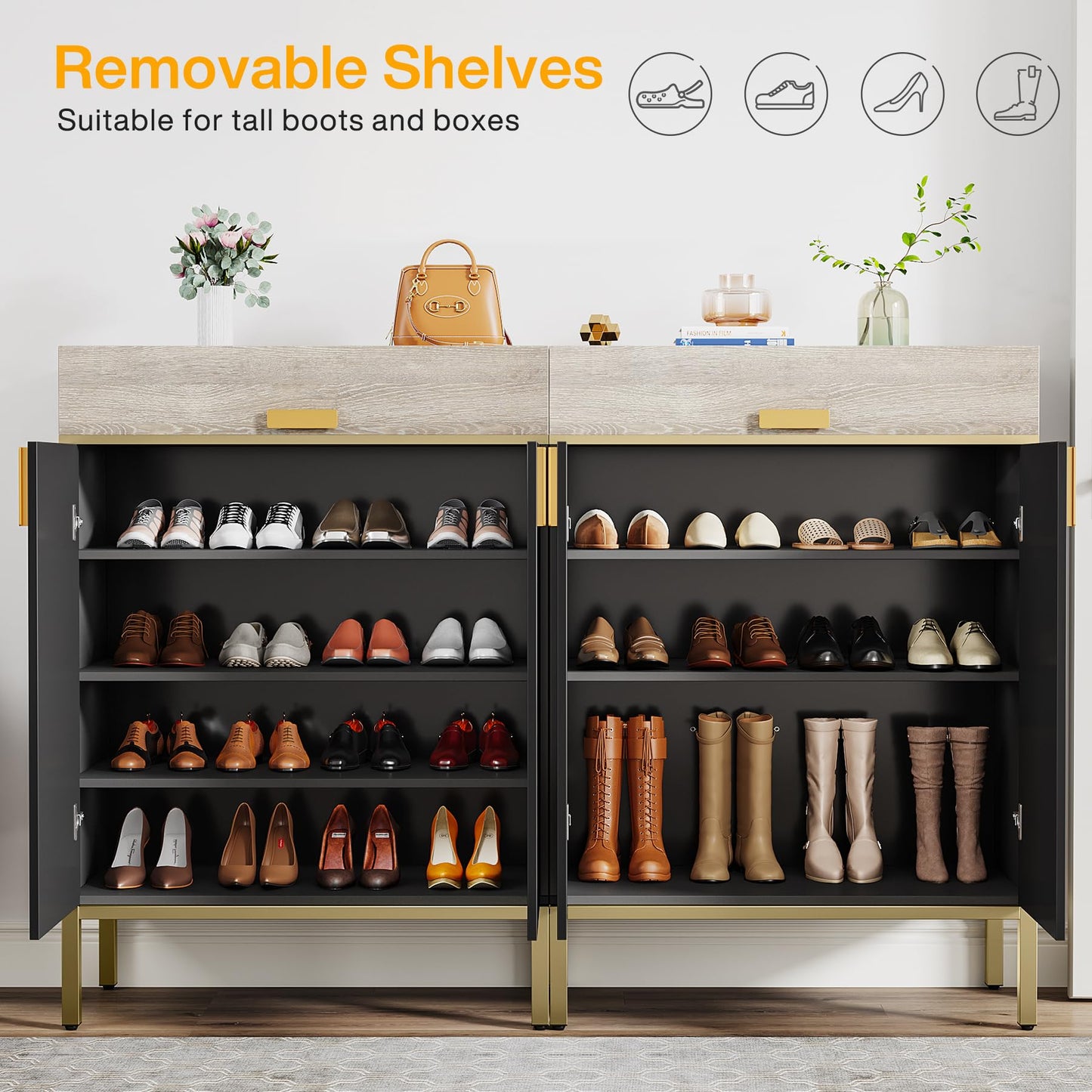 Tribesigns Shoe Cabinet with Doors, 4-Tier Shoe Storage Cabinet with Drawer & Adjustable Shelves, Slim Wooden Entryway Organizer for Bedroom, Closet, Hallway, Gray/Gold
