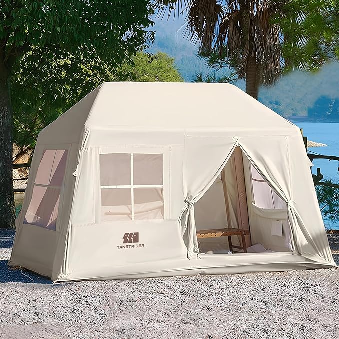 Inflatable Tents for Camping, Blow Up Tent with Hand Pump, 3-4 Person Air Glamping Tent with Canopy, Easy Setup 4 Season O...