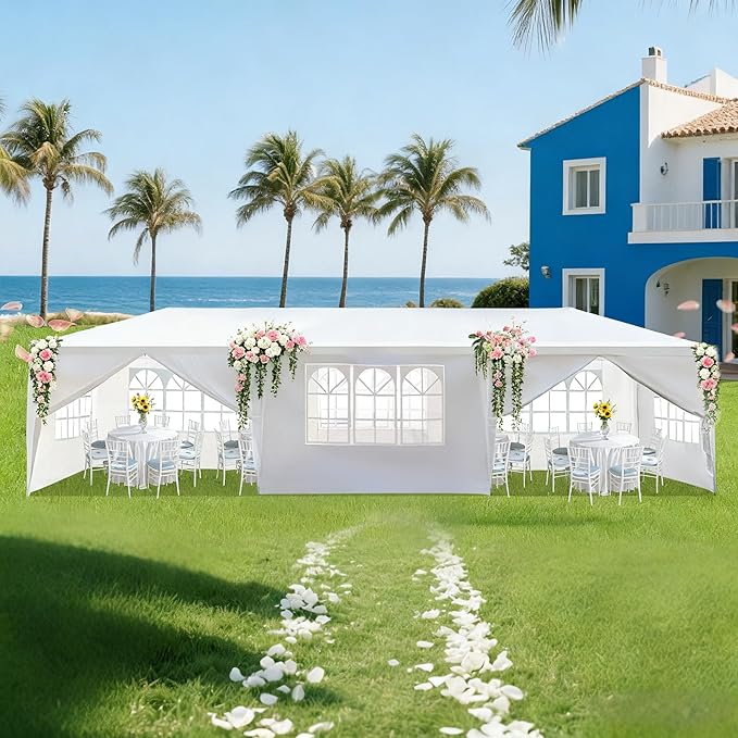 Nyckolas White 10x30 Outdoor Canopy Tent for Party,8 Removable Sidewalls with Windows,Sunshade & Waterproof,Heavy Duty Met...