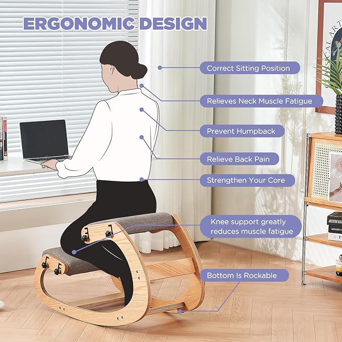 MoomJiee Ergonomic Kneeling Chair,Adjustable Rocking Knee Chair for Home Office,Wooden Office Chair for Back Pain Relief, Grey