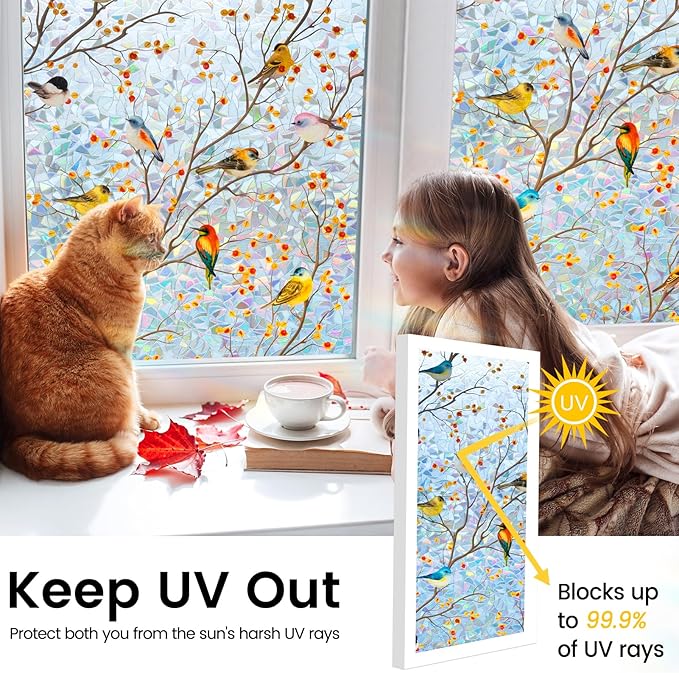 DKTIE Country Rustic Window Privacy Film Rainbow Film Decorative Window Sticker, UV2 Static Stained Glass Cling Tint for Home Heat Control Non-Adhesive (S3533, 35.4in X 78.7in)