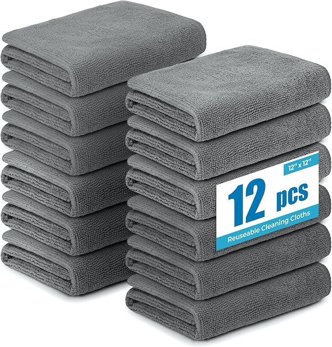 Microfiber Cleaning Cloths 12x12IN 12 Pack Grey Lint Free Kitchen Cloths - Extra Thick, Streak-Free, Lint-Free, Fast Absorbent - Reusable Multi-Purpose Housekeeping Rags for Cars