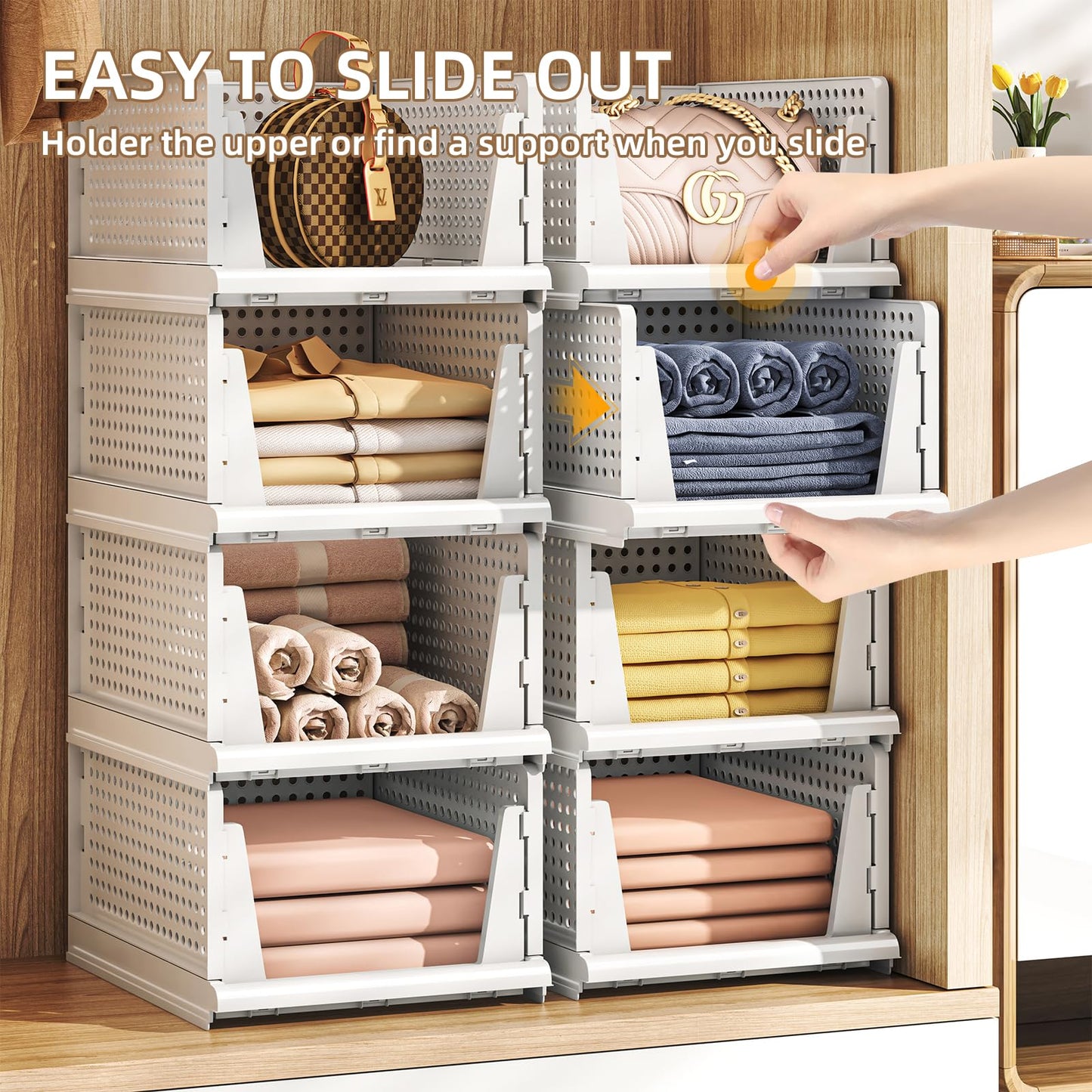 MSHOMELY 5 Packs Stackable Plastic Storage Basket for Closet Foldable Closet Organizers and Storage Bins for Shelves Storage Drawer Container for Clothes, Wardrobe, Pantry, 5L