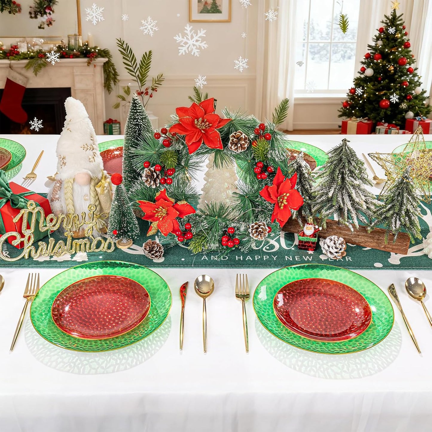 Rubtlamp 60 Pcs Christmas Plasitc Plates, Clear Green Red Plastic Plates With Gold Rim, Red Green Hammered-design, Include 30 Red Dessert Platos, 30 Green Dinner Platos, Perfect For Christmas