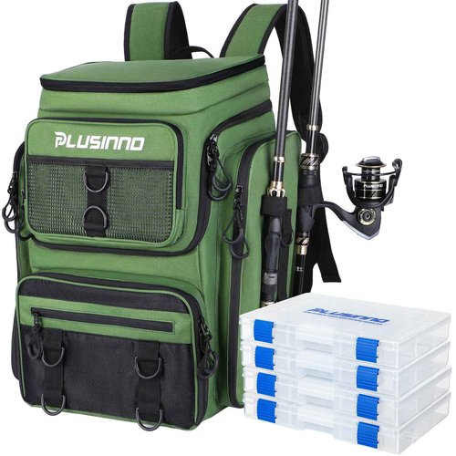 PLUSINNO Fishing Backpack with Rod Holders 4 Tackle Boxes, 42L Large Water-Resistant Fishing Tackle Bag Store Fishing Gear for Fishing, Camping, Hiking, Fishing Gifts for Men Father, Green