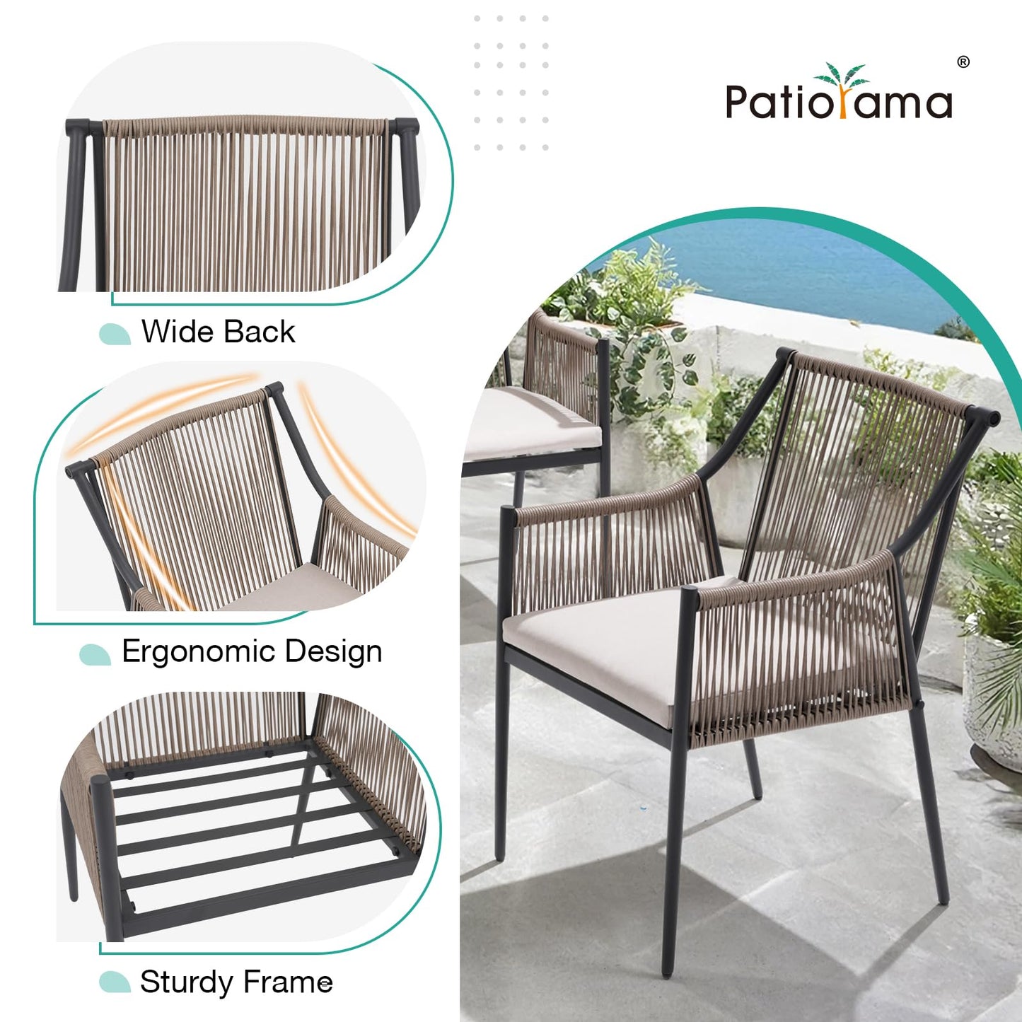 Patiorama 5-Piece Patio Dining Set, Outdoor Dining Table Chair Set, All-Weather Embossed Rattan Wicker Rope Conversation Set, Patio Furniture Set w/Umbrella Hole, 4 Cushioned Chairs&Glass Table(Beige)