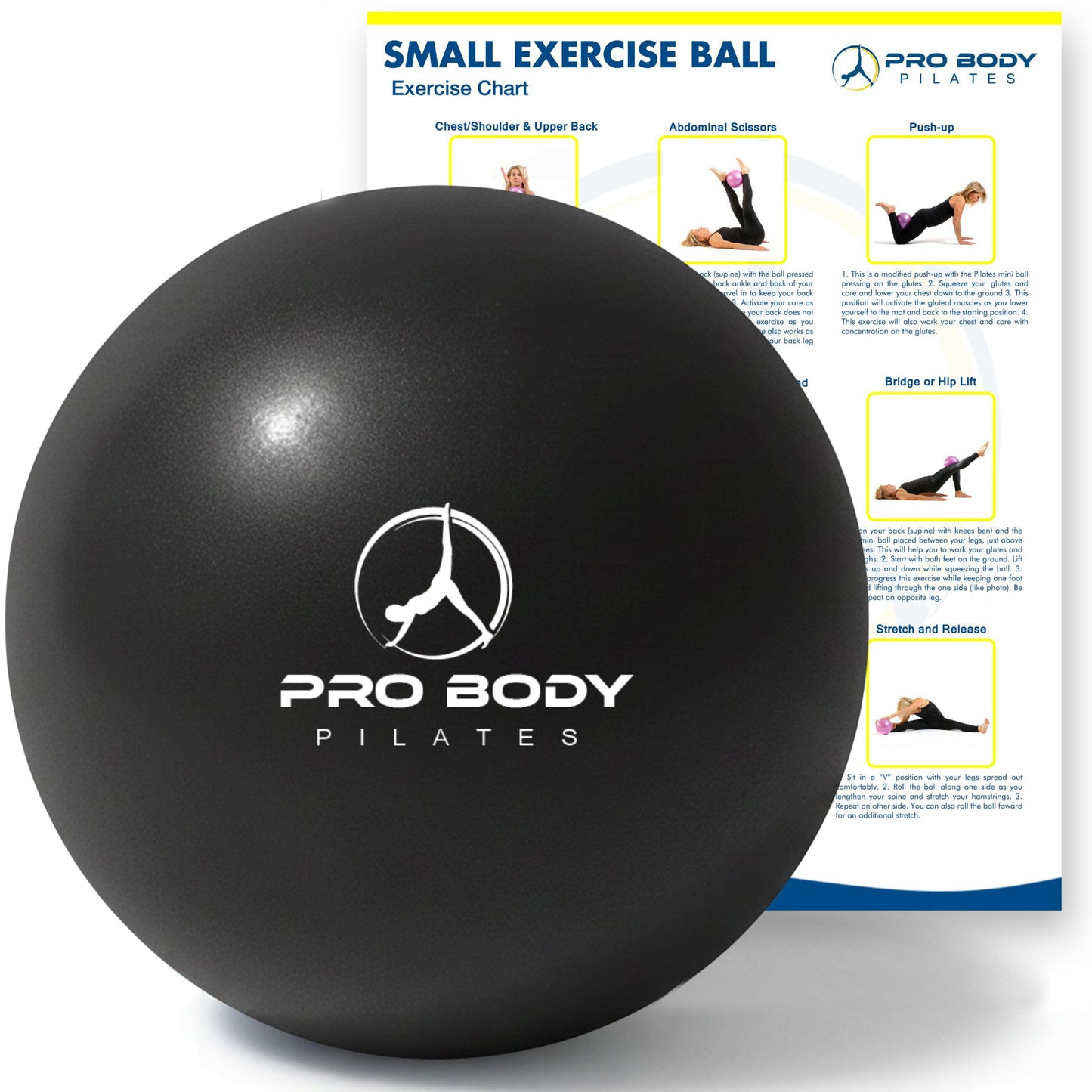 ProBody Pilates Small Exercise Ball - 9 Inch Workout Ball for Stability, Barre, Yoga, Core & Physical Therapy, Home Gym & Office Use (Black)