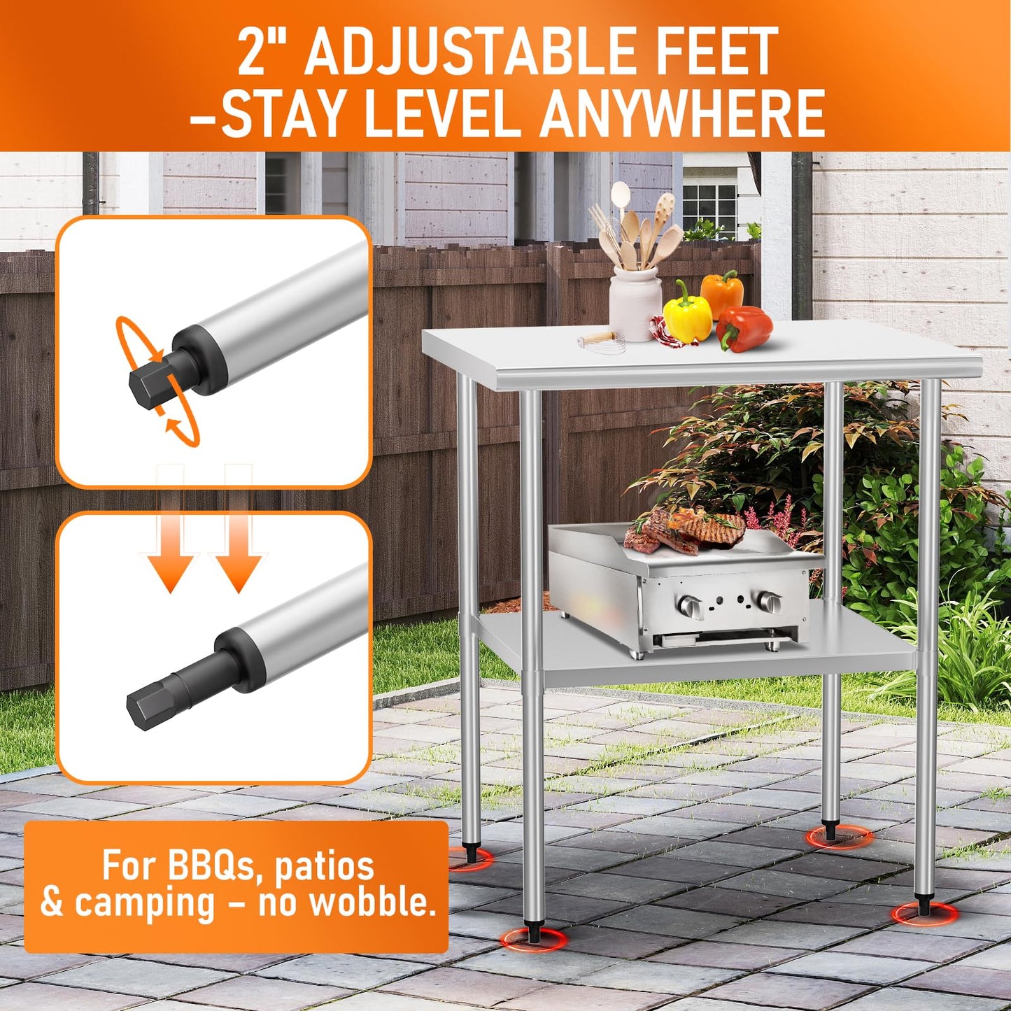 HOCCOT Stainless Steel Table for Food Prep & Work 24 x 30 inches Utility Table with Adjustable Undershelf, Commercial Workstation in Kitchen, Garage, Laundry, Outdoor BBQ