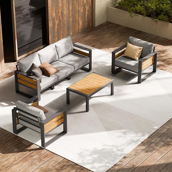 ZANDOR Aluminum Outdoor Patio Furniture Set, 4-Piece Metal Modern Outside Sectional Conversation Lawn Furniture with Coffee Table & Washable Thick Cushions,Seating Sofa for Garden/Backyard/Porch Grey