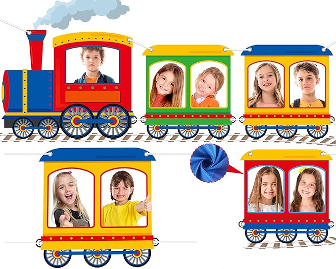 Train Shaped Photo Prop Selfie Frame Party Banner Large Fabric Steam Car Photo Booth Prop Decoration Colorful Train Backgr...