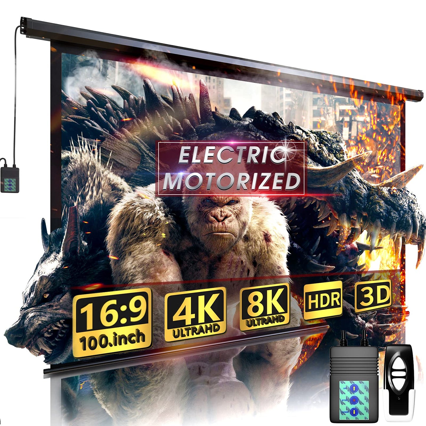 100" Motorized Projector Screen - Indoor and Outdoor Movies Screen 100 inch Electric 16:9 Projector Screen W/Remote Control