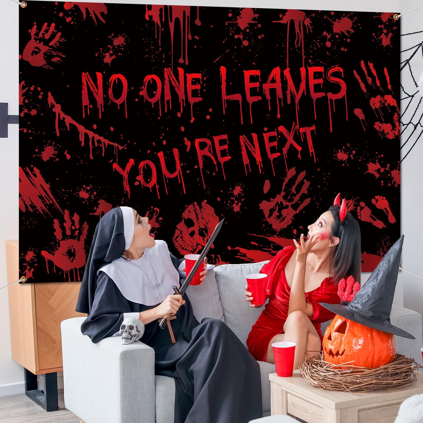Bloody Halloween Decorations,Scary Halloween Backdrop No One Leaves Photo Background Banner Horror Movie Backdrop for Scary Halloween Party Decorations