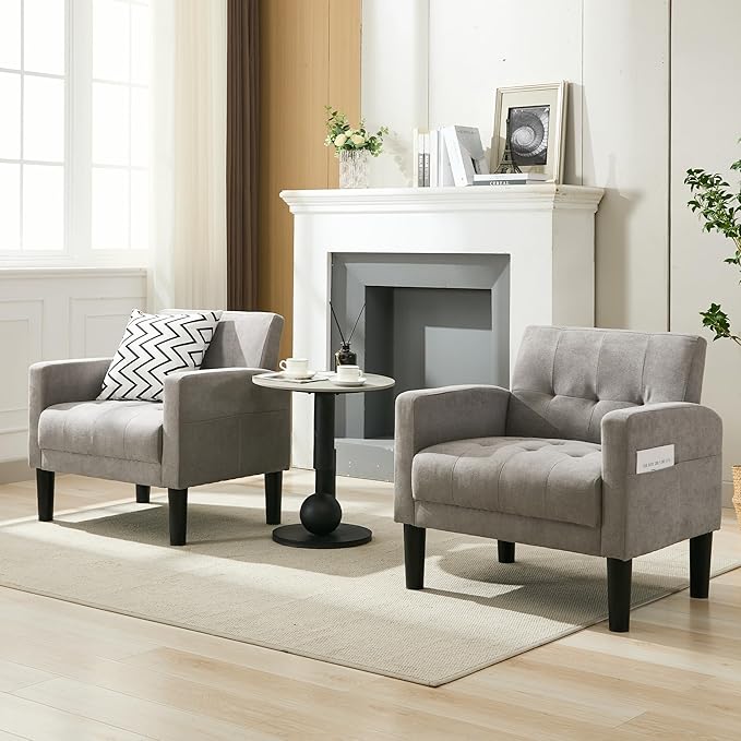TYBOATLE Accent Chair Sets of 2 Living Room Chairs Cozy Tufted Mid Century Modern Chairs with Arms for Bedroom Comfy Reading Arm Chair Small Chairs for Small Spaces Living Room Office (2, Light Grey)