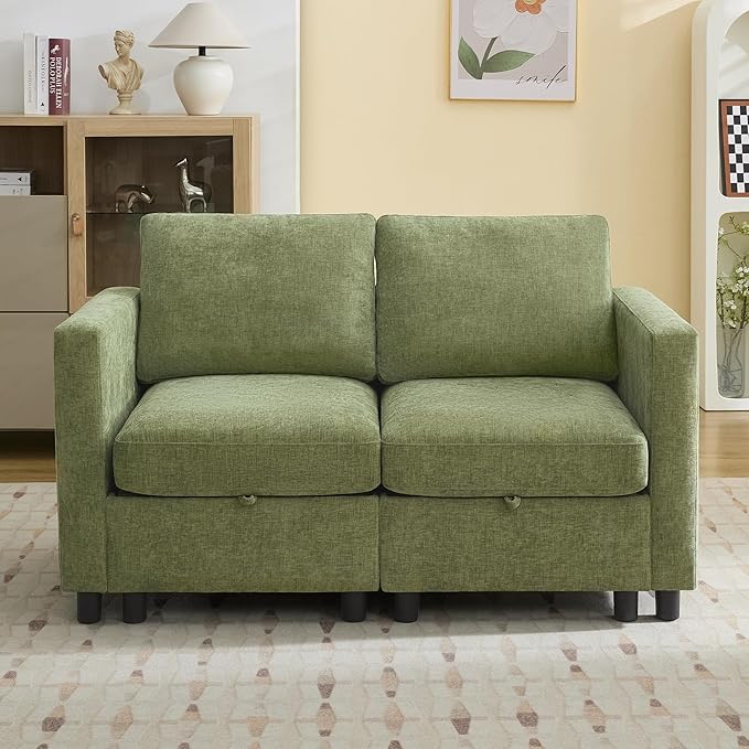 WUTUTUEE 58”Modular Sectional Loveseat Sofa, Modern Love Seat 2 Seater Sofa Couch with Storage, Chenille Modular Sectional Couch for Living Room, Bedroom, Office, Small Apartment, Green