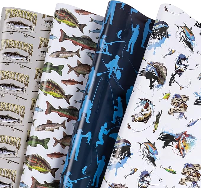 WRAPAHOLIC Fishing Wrapping Paper Sheet - 12 Sheets Folded Flat - Adventure Fishing and Fishhook 4 Design for Angler Fish ...