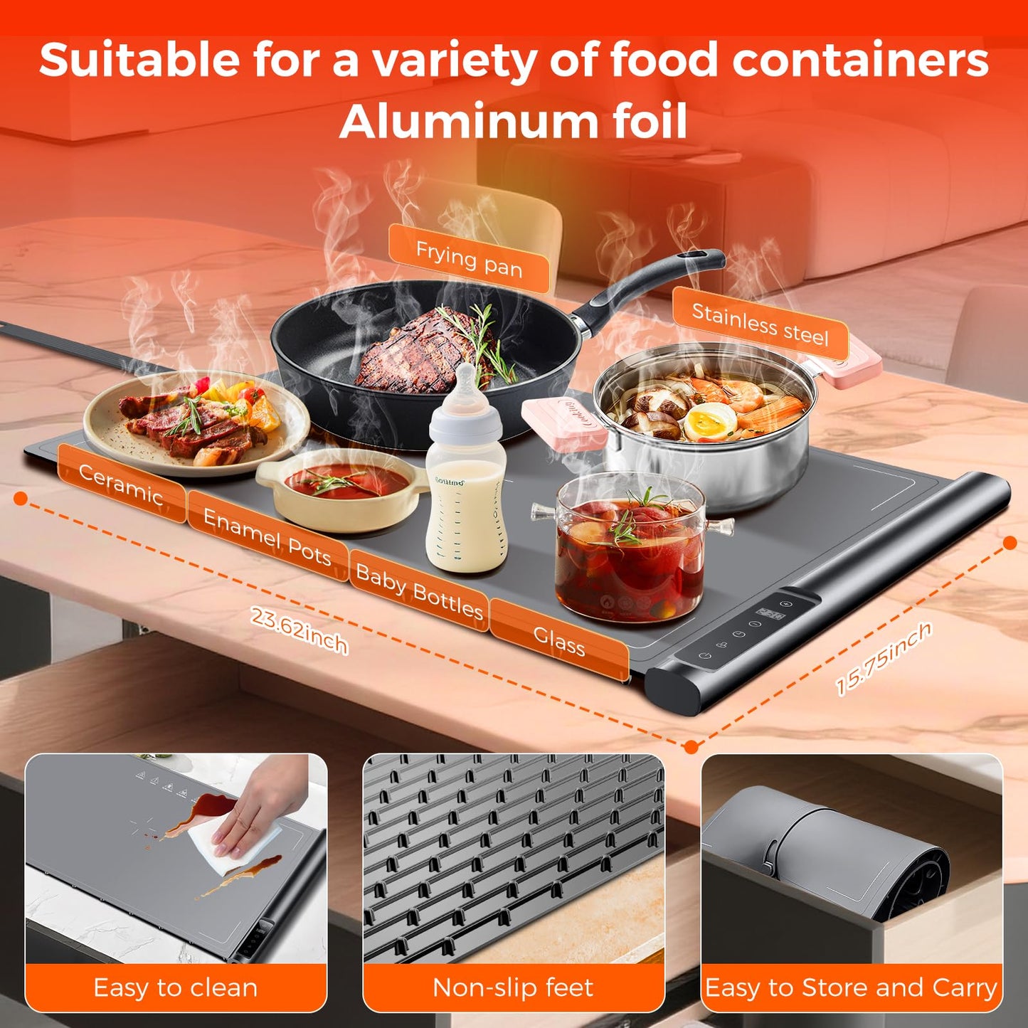 Warming Mat for Food | Max Temp 248℉,Fast Full-Surface Food Warmer with 8-Level Adjustable and Timer,Roll-Up & Portable Silicone Food Heating Pad with Child Lock,Electric Warming Tray for Buffet Party