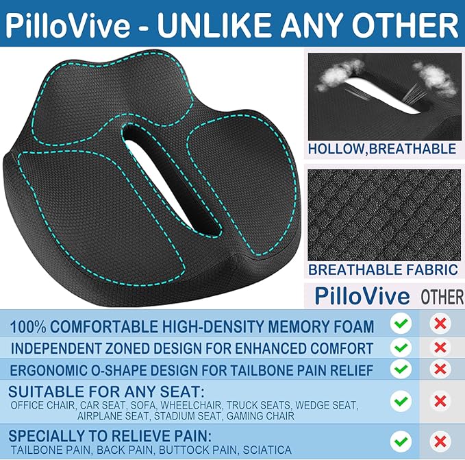 PilloVive Ergonomic Seat Cushion for Office Chair &Car-Advanced Memory Foam Coccyx Pillow for Tailbone,Sciatica &Lower Back Pain Relief-Non-Slip Desk Chair Pad for Long Sitting,Posture Support-Black