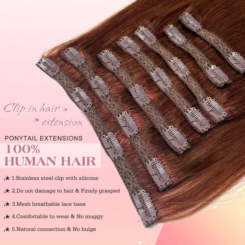 Royaomis Clip in Hair Extensions Real Human Hair, 16inch 120g 7pcs Human Hair Clip in Extensions for Women, Remy Red Hair Extensions Clip Ins, Soft & Natural Human Hair Extensions（16-#M30_33）