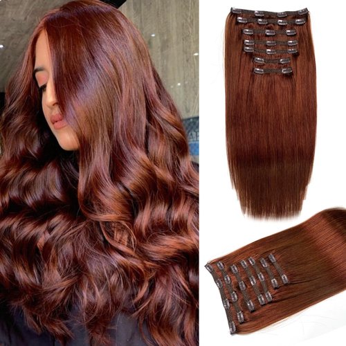 Royaomis Clip in Hair Extensions Real Human Hair, 16inch 120g 7pcs Human Hair Clip in Extensions for Women, Remy Red Hair Extensions Clip Ins, Soft & Natural Human Hair Extensions（16-#M30_33）
