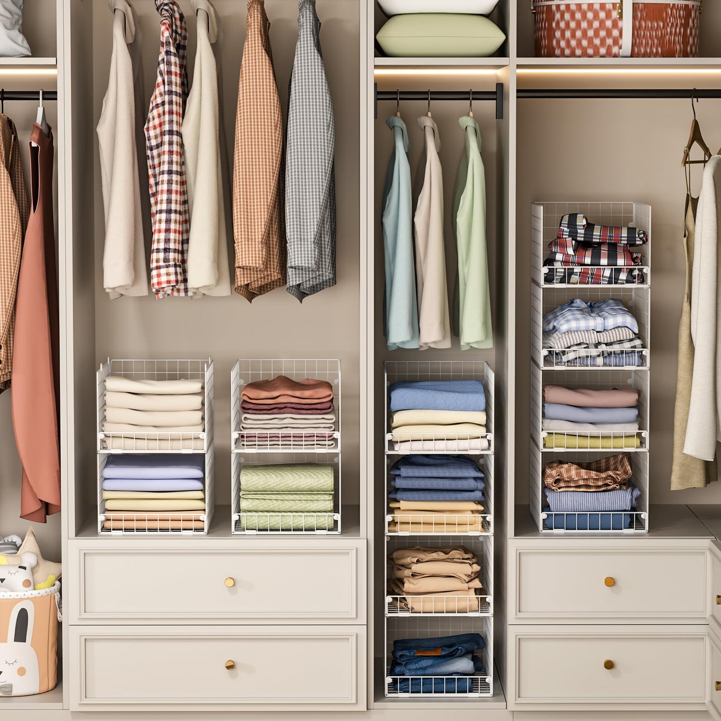 Stackable Closet Organizers and Storage - 4-Tier Stackable Storage Bins, Foldable Closet Shelf Organizer Basket, Clothes Organizers and Storage Shelves for Home Bedroom Closet Organizer System