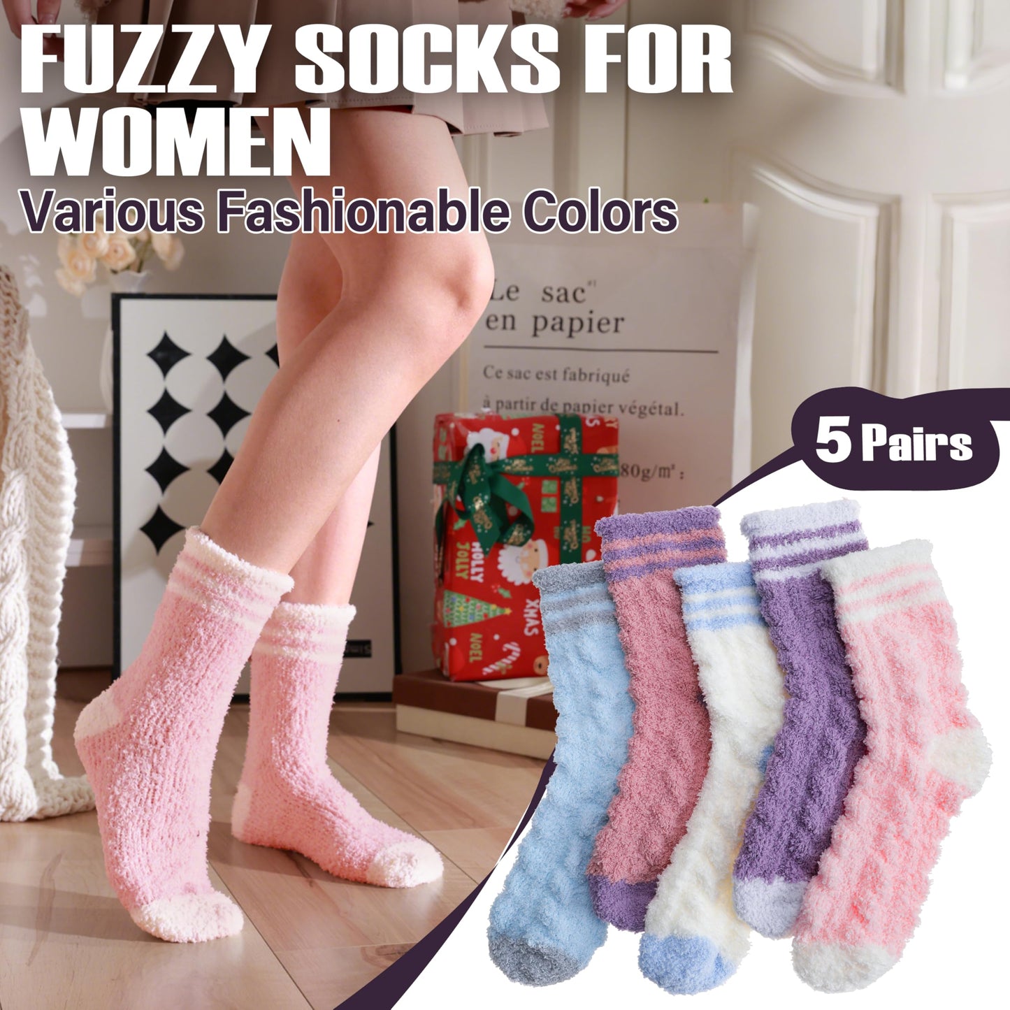 ANTSANG Fuzzy Socks for Women, Fluffy Warm Soft Slipper Socks for Winter & Home, Ideal for Teen Girls(Assorted Stripes)