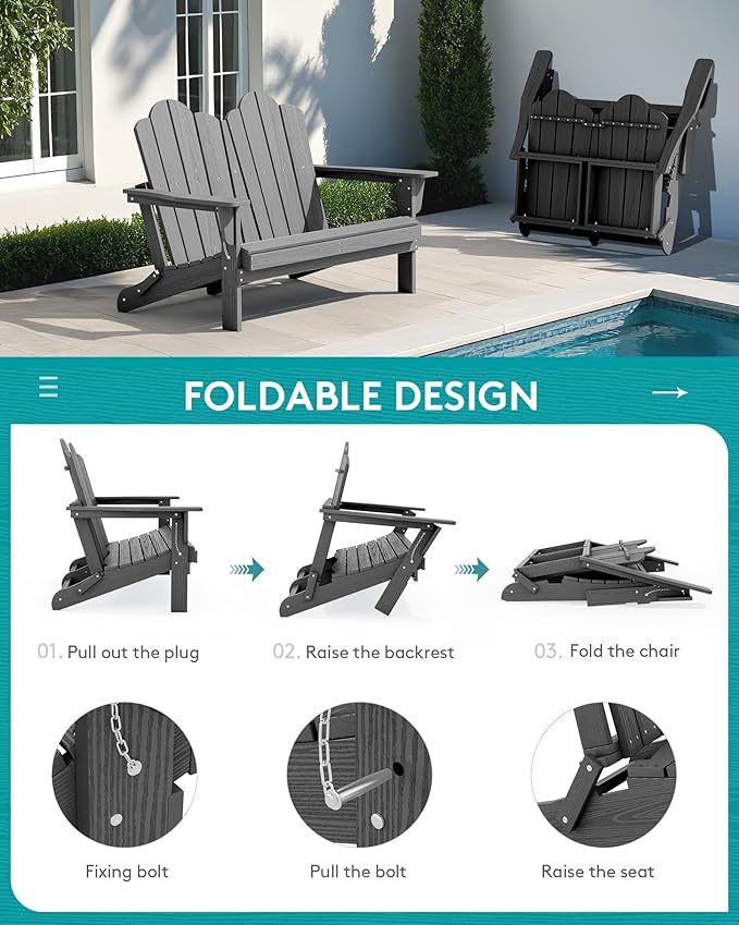 SERWALL 3 Pieces Patio Adirondack Bench Set, 2 Folding Adirondack Bench and 1 Coffee Table Set for Front Porch Garden Balcony Backyard, Grey